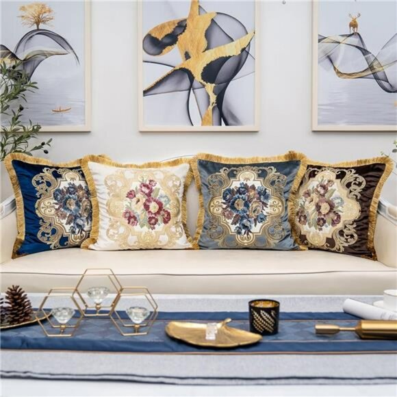 Navy Blue Velvet Floral Throw Pillow Cover 18x18 Embroidered Decorative Cushion - Picture 7 of 8